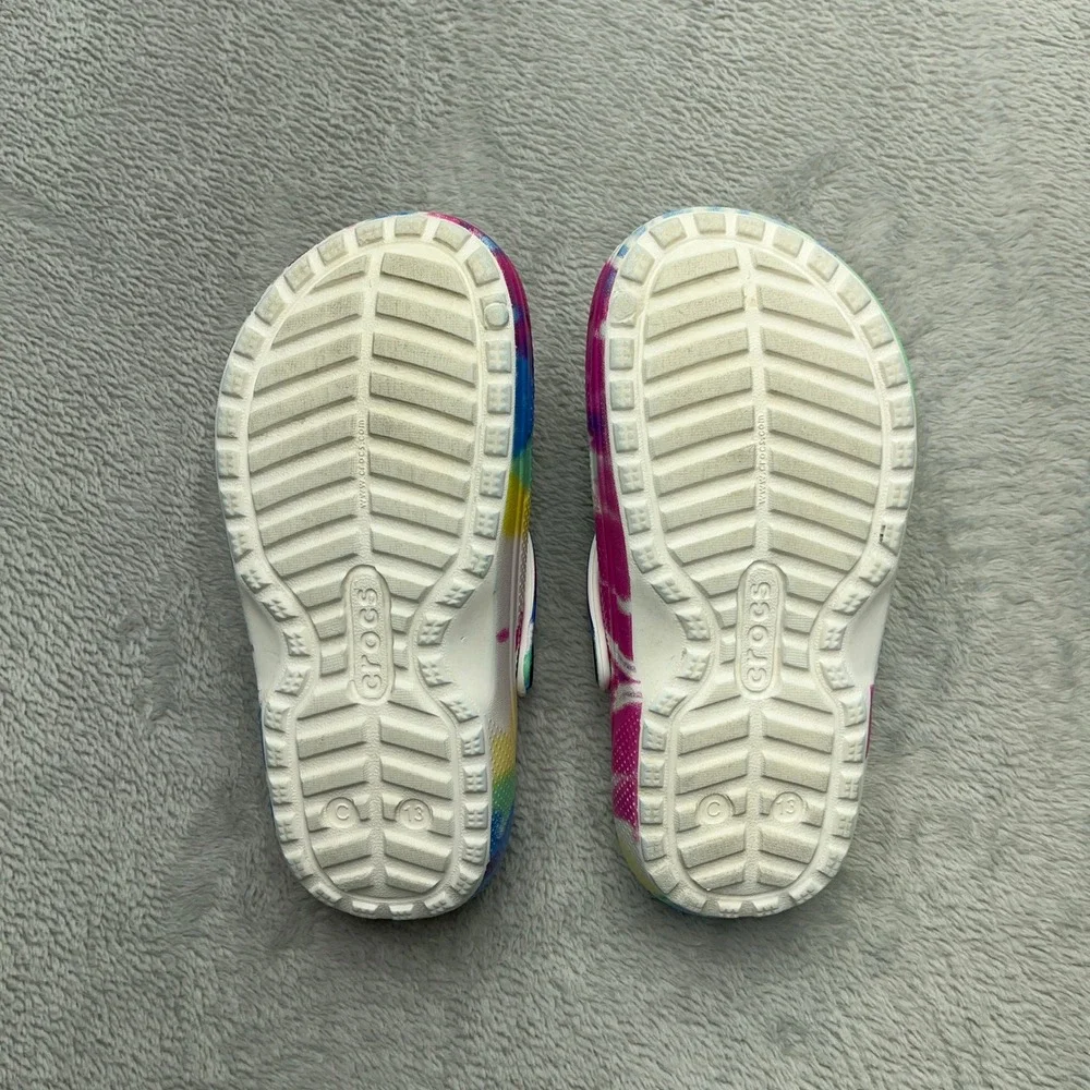 Kids Crocs Lined Tie Dye Clogs Size 13 with Charms Unicorn Chicken Cake
